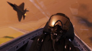 An air force pilot flying in a fighter jet.