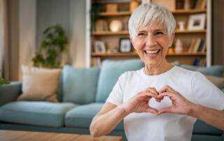 An elderly woman making a heart with her hands and holding it in front of her chest.