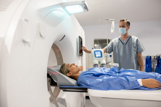 Woman receiving CT scan 