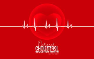 A Graphic For National Cholesterol Education Month In September, Featuring A White Ekg Heartbeat Line Passing Over A Large Heart Icon On A Red Background.