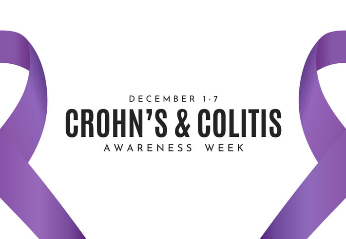 Two Purple Ribbons Next To Text That Reads: December 1 - 7. Crohn'S And Colitis Awareness Week.